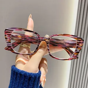 Close-up detail of stylish retro leopard print reading glasses with anti-blue light