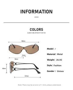 Infografica con dimensioni e specifiche per occhiali da sole punk in metallo Y2K.