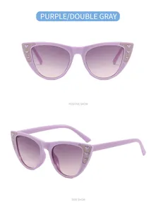 Seiten- und Frontansicht der lila Katzenaugen-Kindersonnenbrille mit Glitzerherzen