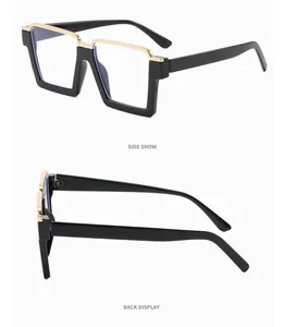 Viste dettagliate laterale e posteriore degli occhiali quadrati anti-luce blu alla moda.