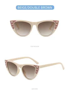 Kinder-Sonnenbrille im Katzenaugen-Stil in Beige mit glitzernden Herz-Details in zwei Ansichten