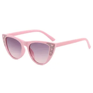Rosa Katzenaugen-Sonnenbrille für Mädchen mit Glitzerherzen und lila Verlaufsgläsern