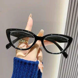 Close-up of stylish black cat eye reading glasses with vintage anti-blue light lenses