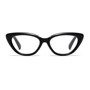 Front view detail of retro black cat-eye reading glasses with anti-blue light lenses