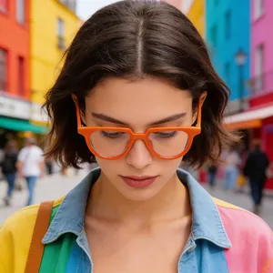 Modieuze oranje geometrische montuurbril voor dames in een levendige straatstijl