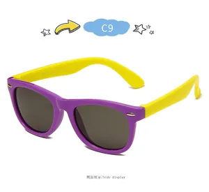 Side view of purple and yellow children's polarized sunglasses with silicone frame