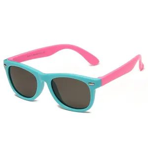 Kids polarized silicone sunglasses with pink and blue frames and silver rice nail accents