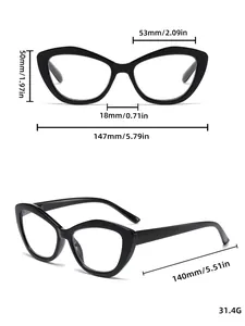 Dettaglio occhiali da lettura cat-eye retrò neri con dimensioni in millimetri e pollici