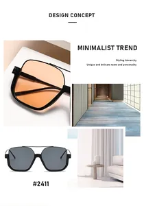Detailed view of oversized square double-bridge sunglasses with orange and grey lenses