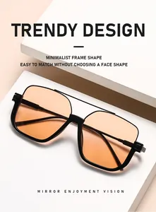 Detail shot of square oversized sunglasses with orange tinted lenses and double bridge.
