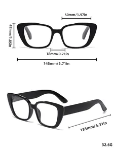 Detail view showing dimensions of vintage cat-eye anti-blue light reading glasses.