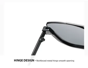 Detailed macro shot of reinforced metal hinge on black square half-frame sunglasses