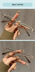 Detail of milk coffee colored anti-blue light reading glasses with semi-rimless frame design