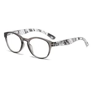 Anti-blue light reading glasses with elegant gray frames and marble-patterned temples
