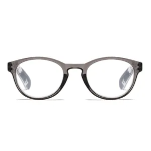 Front view of grey translucent anti-blue light reading glasses with patterned temples