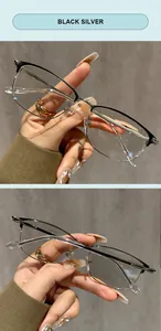 Macro detail view of retro black silver semi-rimless anti-blue light reading glasses