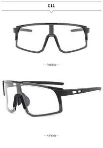 Detailed view showing both the front and 45-degree side of black frame cycling glasses