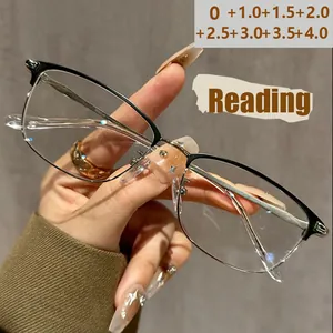 Retro anti-blue light reading glasses with half-rim frame in black and silver