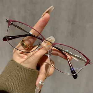 Elegant maroon semi-rimless anti-blue light reading glasses for women in retro style
