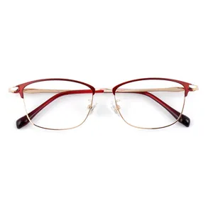 Retro anti-blue light reading glasses with red and gold metal half-frame for women