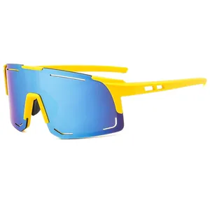 Professional sports cycling sunglasses featuring yellow frame and blue mirrored lenses