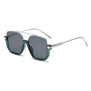 Vintage double bridge square sunglasses with green translucent frame for women