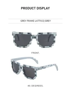 Grey pixel mosaic sunglasses display from front and 45-degree angles