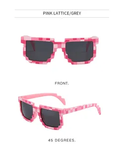 Detail views of pink checkered pixel sunglasses from front and 45-degree angles.