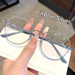 Occhiali anti-luce blu alla moda con montura in metallo blu e argento per donna.