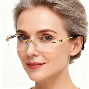 Women Rimless Photochromic Reading Glasses Blue Light Blocking Metal Frame Square Business Reading Eyewear Gold Silver Glasses