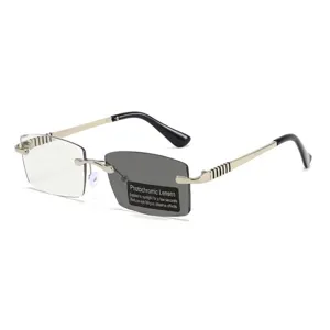 High-grade rimless photochromic reading glasses with metal temples and blue light blocking