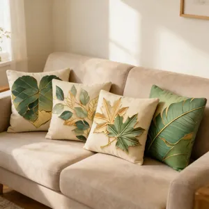 Set of four modern throw pillow covers with green leaf patterns and gold accents on a sofa.