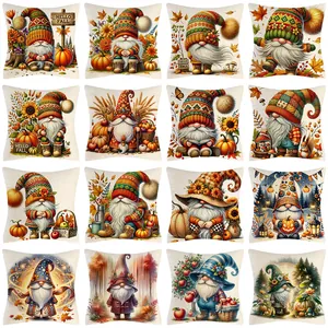 Thanksgiving Fall Gnomes Pumpkin Pillow Cover Autumn Decorative Cushion Case Faux Linen Look Polyester Sofa Home Decor
