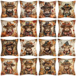 Autumn Highland Cow Printed Cushion Cover Square Rustic Flax Style Decorative Pillow Case For Thanksgiving Sofa Home Decor