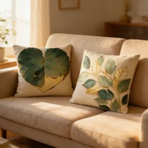 Elegant throw pillows with green and gold leaf motifs on a modern sofa in a sunlit room.