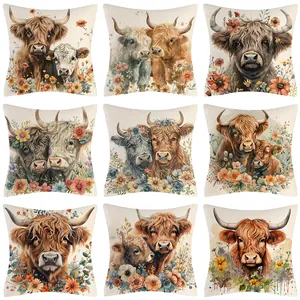 Funda de Cojín Estampada Floral Vaca de las Tierras Altas Cuadrada Algodón Lino Decorativa Para Sofá Hogar