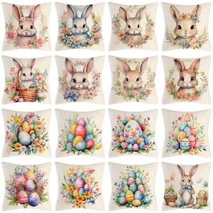 Easter Cotton Linen Pillow Case Watercolor Bunny Egg Floral Printed Decorative Cushion Cover For Sofa Living Room Home Decor