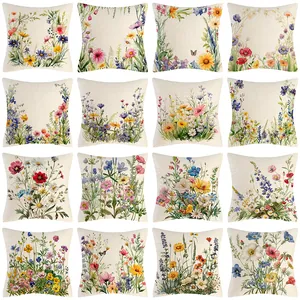 16er-Set Kissenbezüge mit Wildblumen-Print im Leinenstil für Frühlingsdekoration