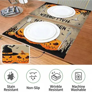 Macro view of Halloween pumpkin placemat showing high-quality fabric and functional features