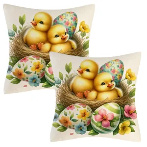 Detailed view of linen Easter pillow covers with cute chicks and colorful eggs design.