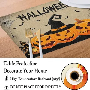 Detailed macro view of Halloween placemat featuring heat-resistant fabric and pumpkin lantern design