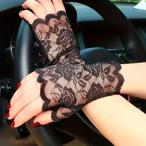 Elegante schwarze fingerlose Spitzenhandschuhe mit Blumenmuster für Hochzeiten.
