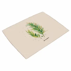 Macro detail van de aquarel tropische bladprint en Tarragon tekst op een beige placemat