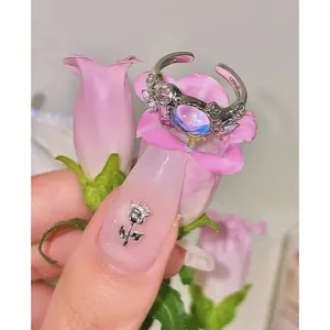 Luxury silver lava design adjustable ring featuring moonstone and colorful zircon stones