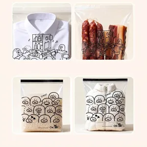 Transparent waterproof storage bags with cute cartoon prints for clothes and food items