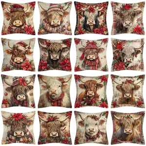 Weihnachten Hochlandrind Kissenbezug Vintage Bedruckter Deko Kissenhülle Für Sofa Couch Home Deko Xmas Wohnzimmer