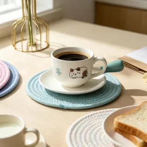 Detailed view of a light blue hand-woven cotton coaster under a ceramic coffee cup