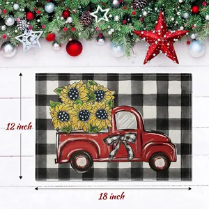 18x12 inch Christmas buffalo plaid placemat featuring vintage red truck and sunflowers