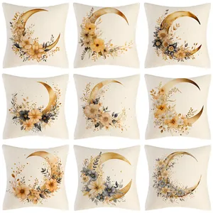 Nine boho style linen pillow cases featuring golden moon and floral prints detail