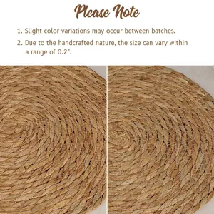 Close-up detail of handcrafted round straw placemat showing texture and craftsmanship